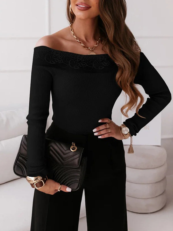 Airchics blouse dentelle col bateau slim manches longues femme élégant tops