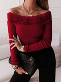Airchics blouse dentelle col bateau slim manches longues femme élégant tops