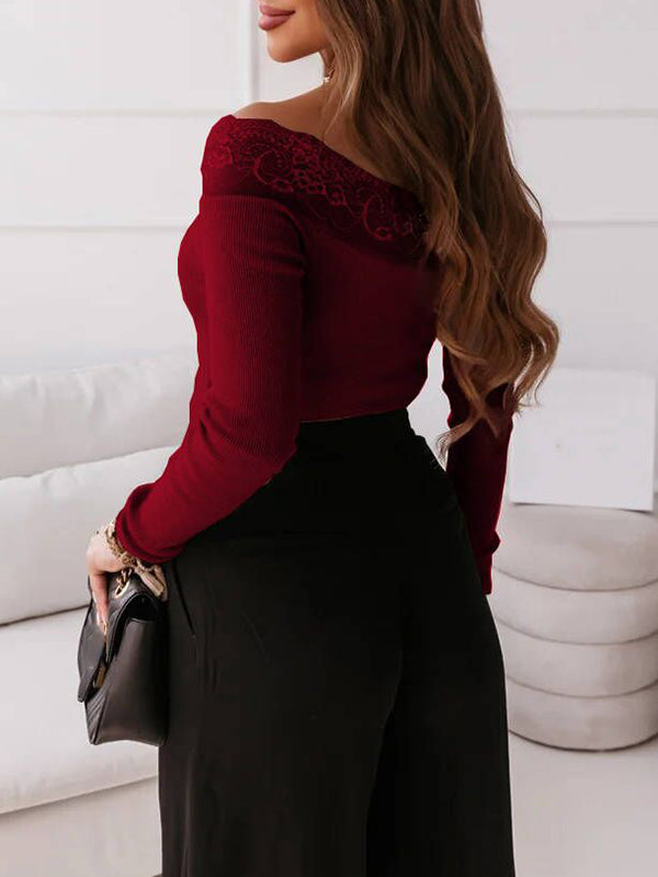 Airchics blouse dentelle col bateau slim manches longues femme élégant tops
