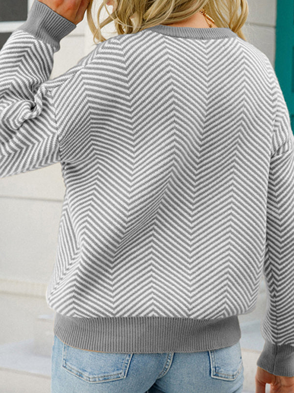 Airchics court pull chevrons rayé col rond manches bishop manches longues femme casual lâche autumn