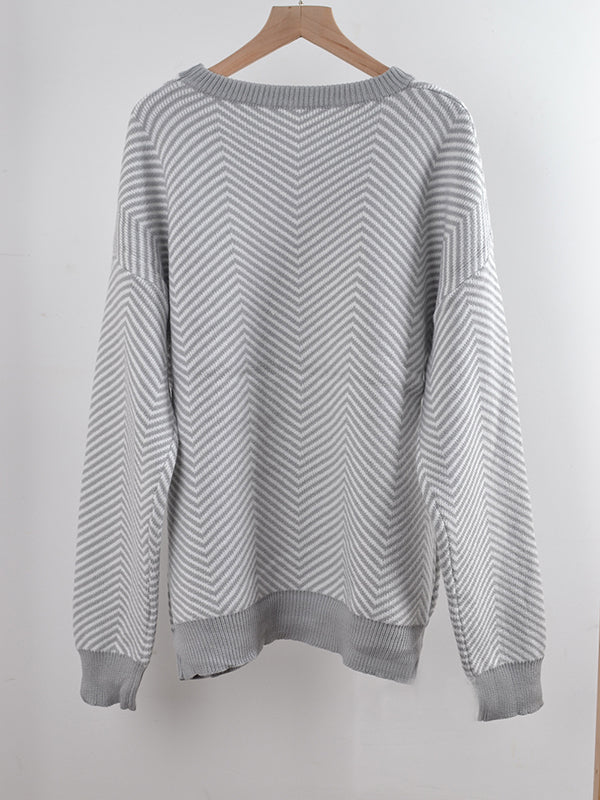 Airchics court pull chevrons rayé col rond manches bishop manches longues femme casual lâche autumn