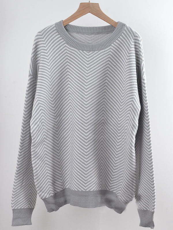 Airchics court pull chevrons rayé col rond manches bishop manches longues femme casual lâche autumn