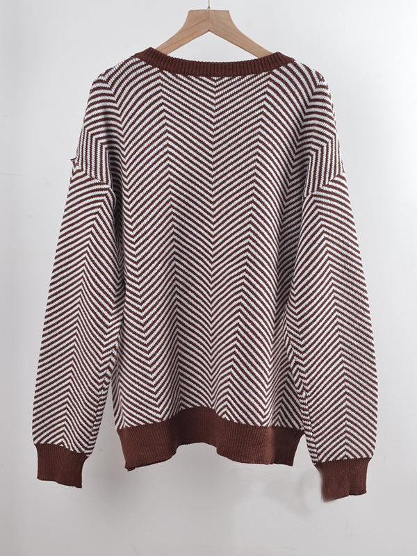 Airchics court pull chevrons rayé col rond manches bishop manches longues femme casual lâche autumn