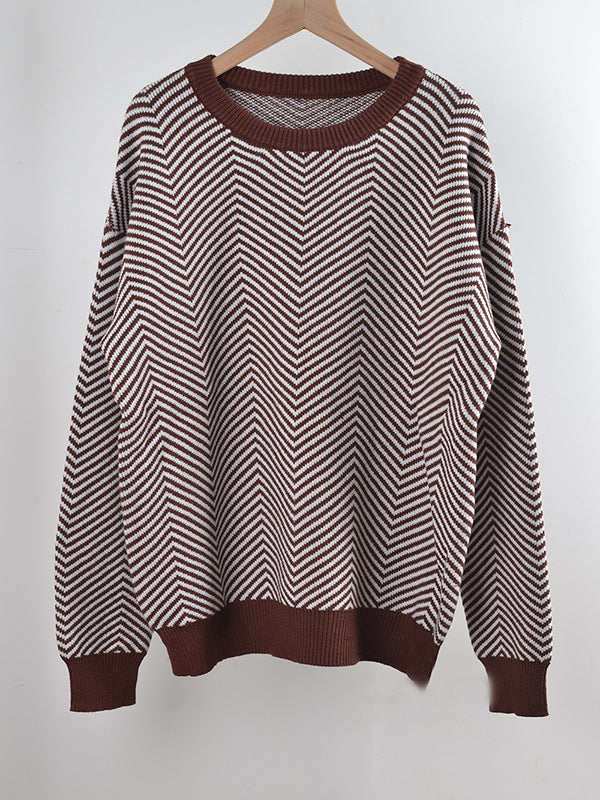 Airchics court pull chevrons rayé col rond manches bishop manches longues femme casual lâche autumn