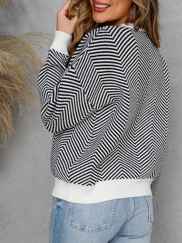 Airchics court pull chevrons rayé col rond manches bishop manches longues femme casual lâche autumn