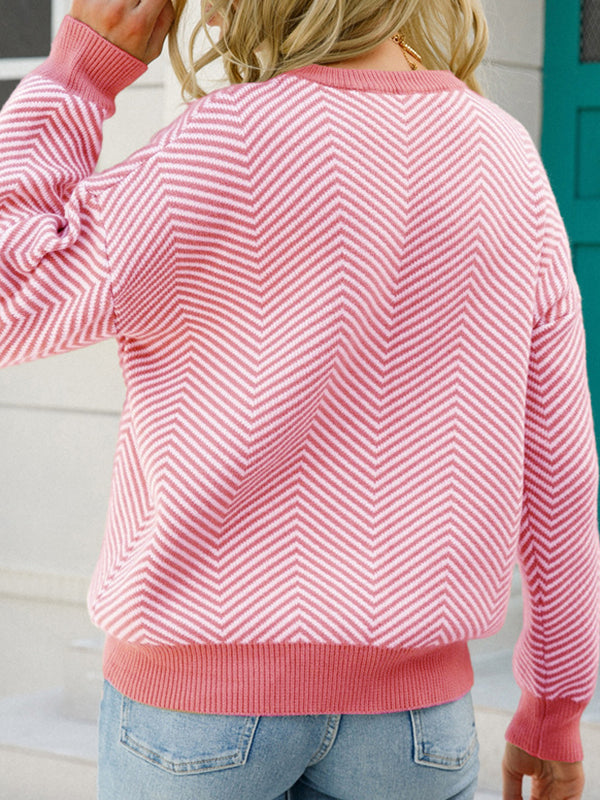 Airchics court pull chevrons rayé col rond manches bishop manches longues femme casual lâche autumn