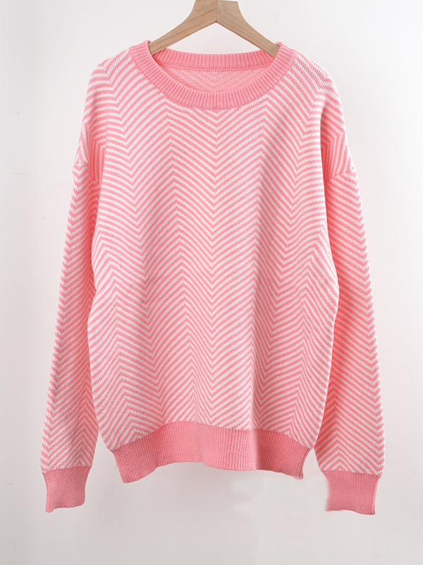 Airchics court pull chevrons rayé col rond manches bishop manches longues femme casual lâche autumn