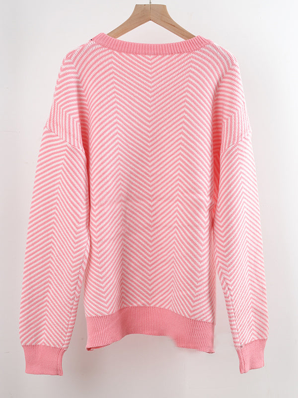 Airchics court pull chevrons rayé col rond manches bishop manches longues femme casual lâche autumn