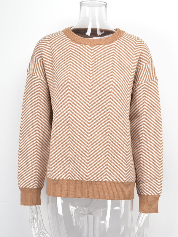 Airchics court pull chevrons rayé col rond manches bishop manches longues femme casual lâche autumn