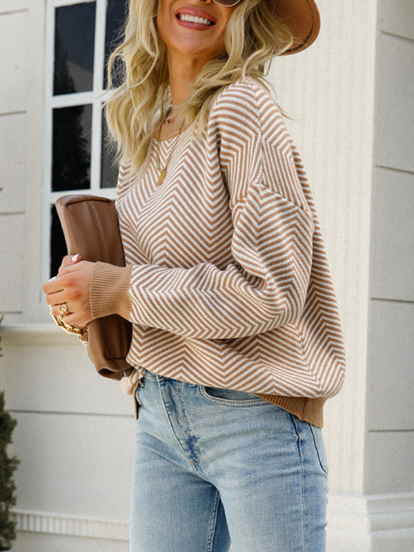 Airchics court pull chevrons rayé col rond manches bishop manches longues femme casual lâche autumn