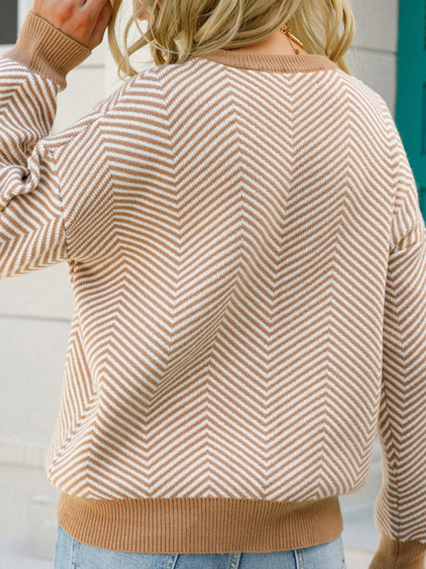 Airchics court pull chevrons rayé col rond manches bishop manches longues femme casual lâche autumn