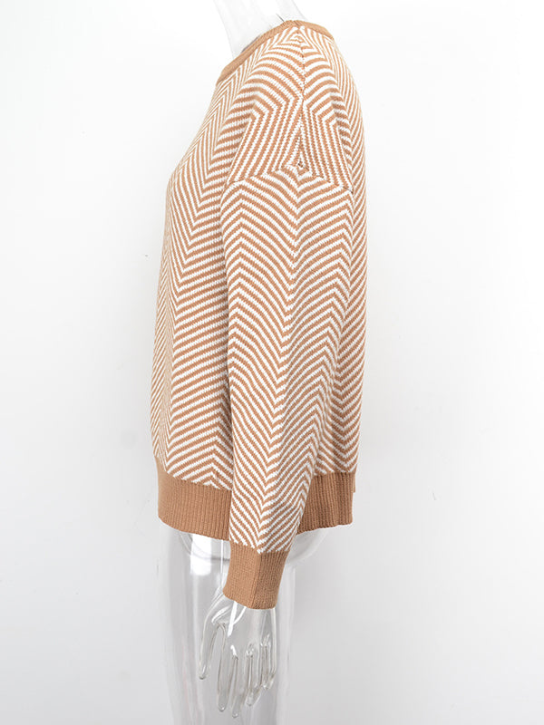 Airchics court pull chevrons rayé col rond manches bishop manches longues femme casual lâche autumn