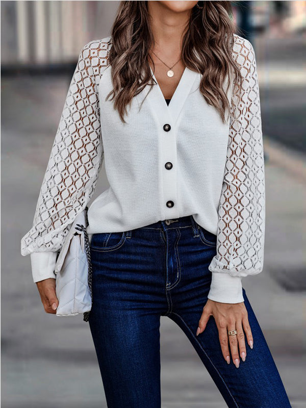 Airchics cardigan en maille dentelle boutonnage v-cou manches longues femme casual pull