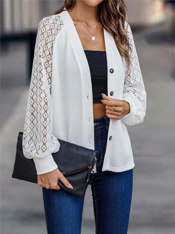 Airchics cardigan en maille dentelle boutonnage v-cou manches longues femme casual pull