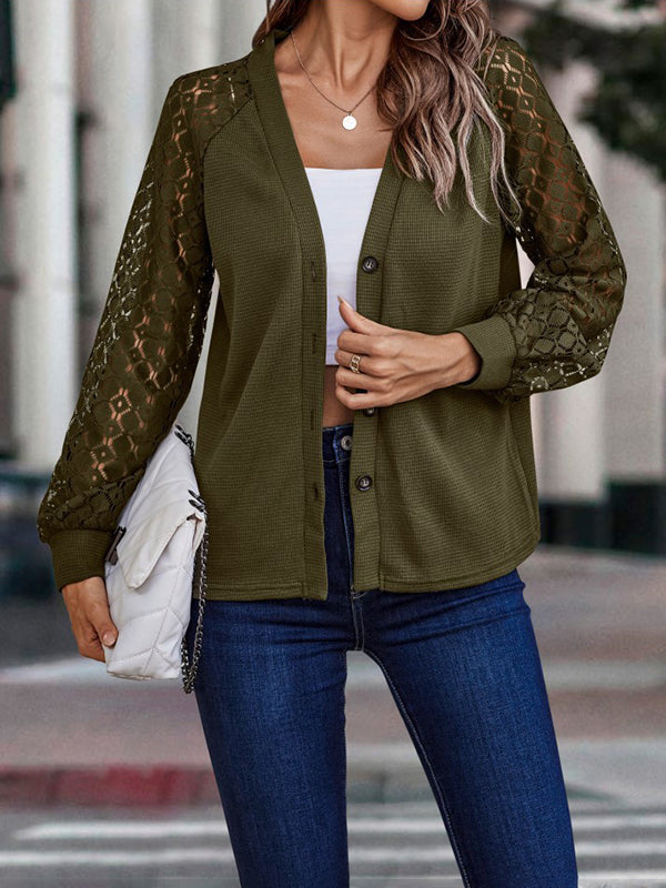 Airchics cardigan en maille dentelle boutonnage v-cou manches longues femme casual pull