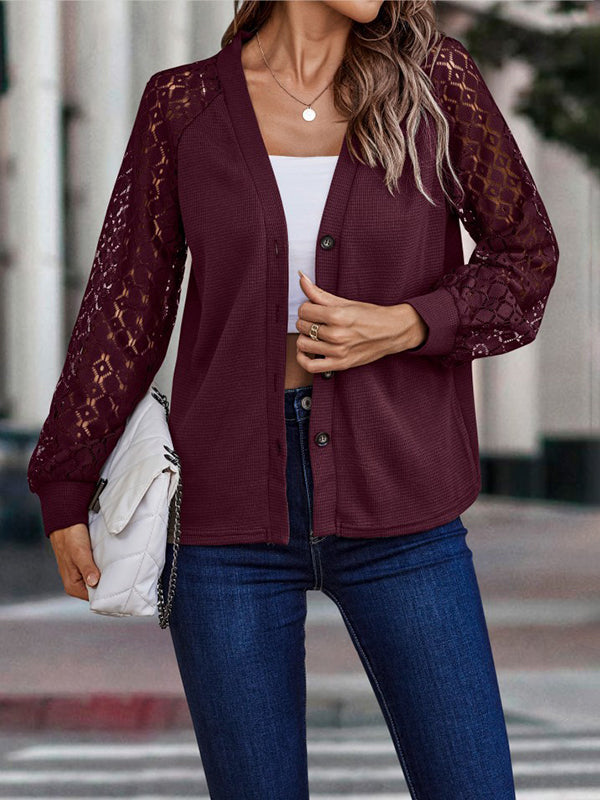 Airchics cardigan en maille dentelle boutonnage v-cou manches longues femme casual pull