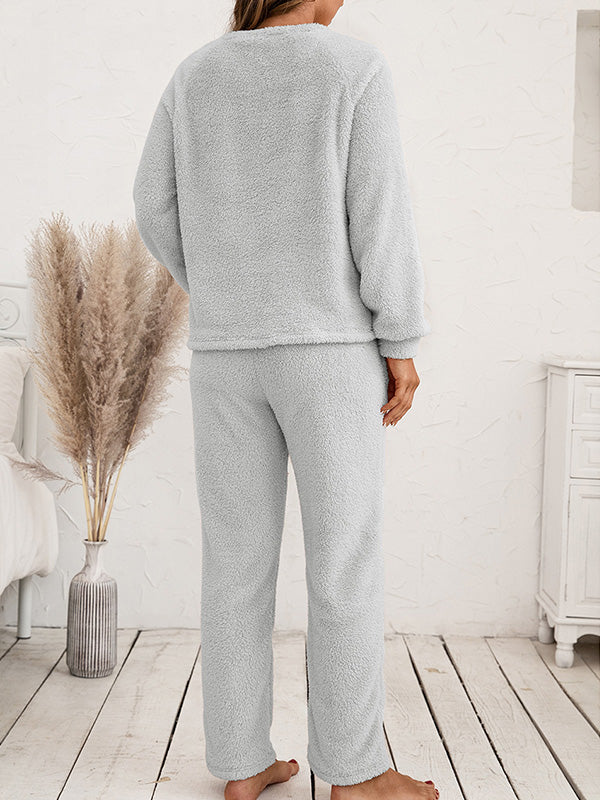 Airchics ensembles pyjama polaire avec poches col rond manches longues femme 2 pièces casual