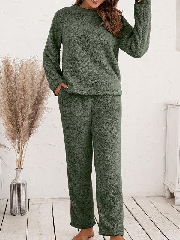 Airchics ensembles pyjama polaire avec poches col rond manches longues femme 2 pièces casual