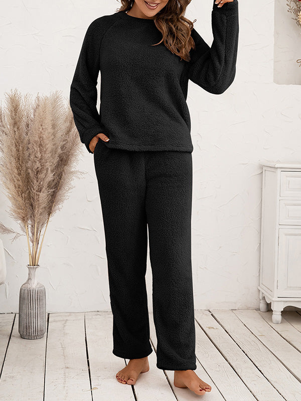 Airchics ensembles pyjama polaire avec poches col rond manches longues femme 2 pièces casual