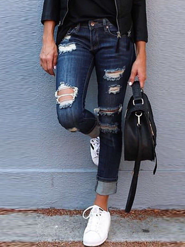 Airchics jeans longue crayon déchiré troué slim femme pantalons bleu foncé