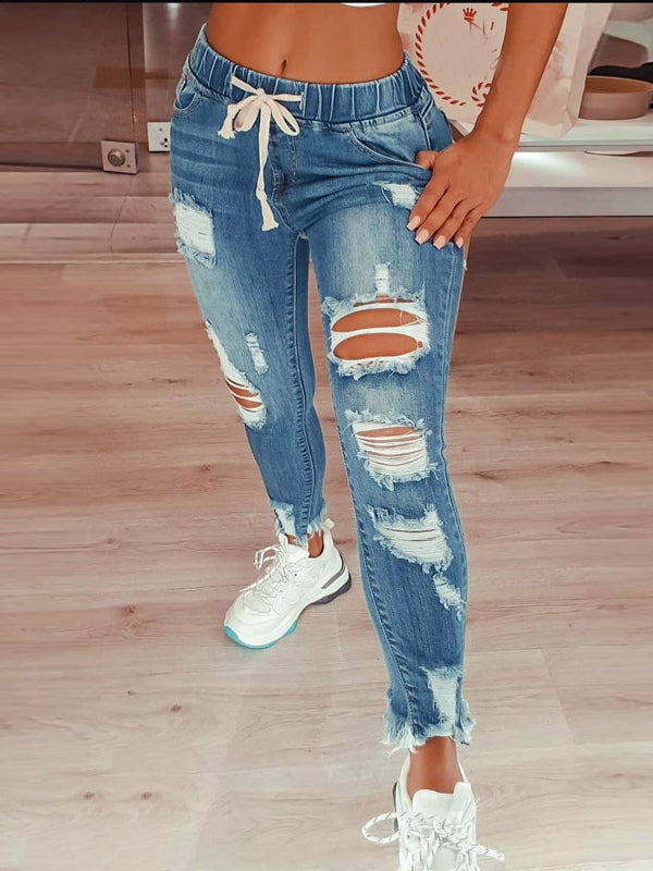 Airchics jean crayon déchiré troué coulisse taille femme pantalons bleu