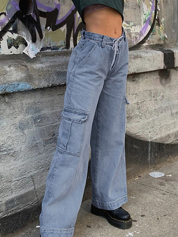 Airchics baggy jeans longue poches ample femme bleu