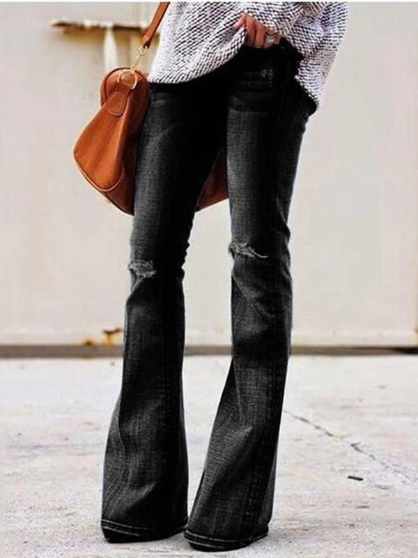 Airchics jeans longue bootcut évasé avec poches genou déchiré mode femme denim pantalons