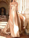 Satin Robe Longue de Demoiselle d'Honneur V-cou à Fines Brides Dorée