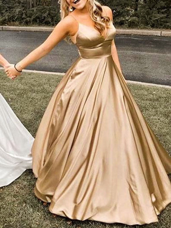 Satin Robe Longue de Demoiselle d'Honneur V-cou à Fines Brides Dorée