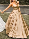 Satin Robe Longue de Demoiselle d'Honneur V-cou à Fines Brides Dorée