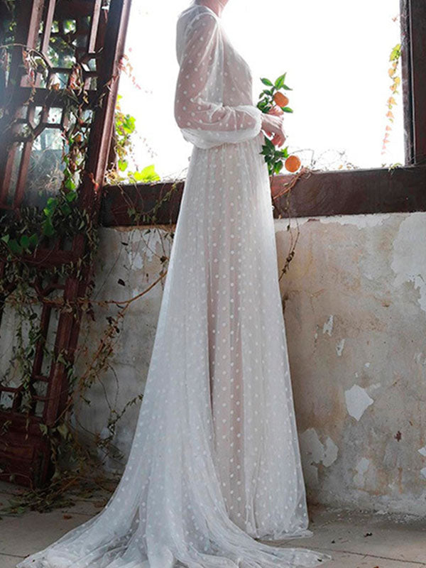 Airchics robe longue pois transparent tutu tulle manches longues élégant pour mariage