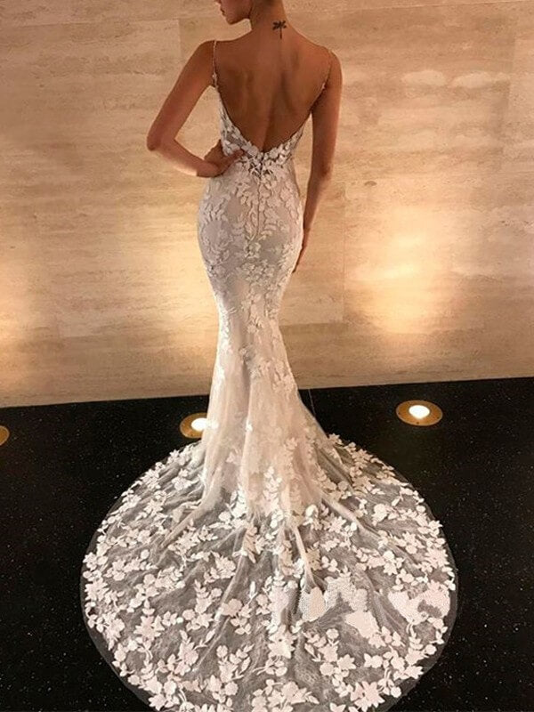 Sirène Robe de Mariée Dentelle Longue dos Nu Col en V sans Manches