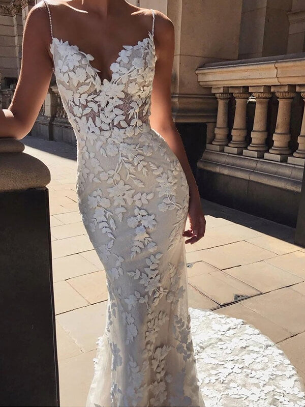 Sirène Robe de Mariée Dentelle Longue dos Nu Col en V sans Manches