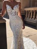 Sirène Robe de Mariée Dentelle Longue dos Nu Col en V sans Manches