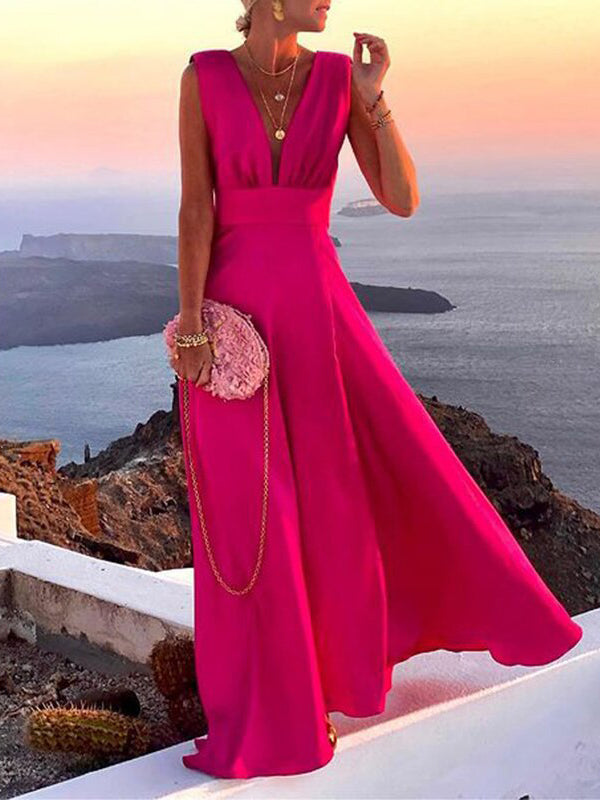 Décolleté V Profond Robe de Plage Longue Rose Framboise sans Manches
