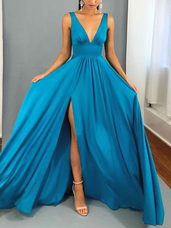 Airchics longue robe dos nu fendu le côté v-cou sans manches mode de demoiselle d'honneur bleu