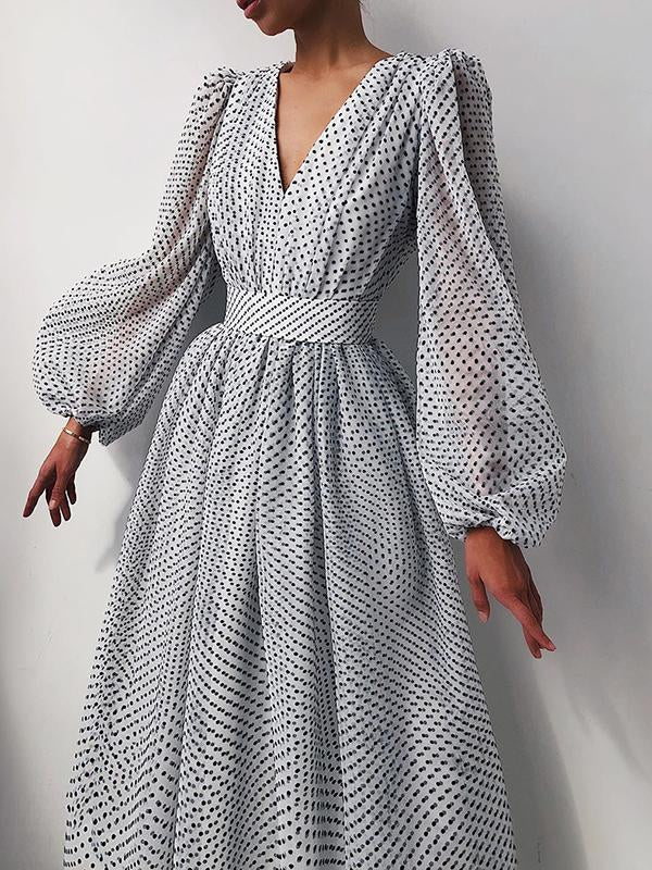 Élégant Robe à Pois V-cou Mi-longue de Soirée avec Manches Bouffantes