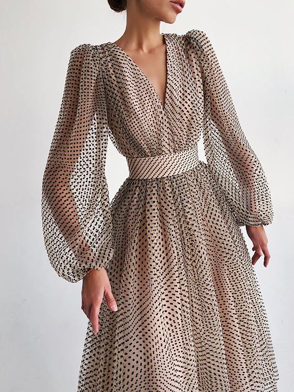 Élégant Robe à Pois V-cou Mi-longue de Soirée avec Manches Bouffantes