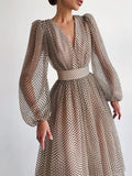 Élégant Robe à Pois V-cou Mi-longue de Soirée avec Manches Bouffantes
