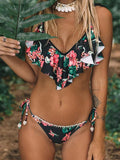 Airchics maillot de bain imprimé à fleurie volantée 2 pièces mode femme bikini noir