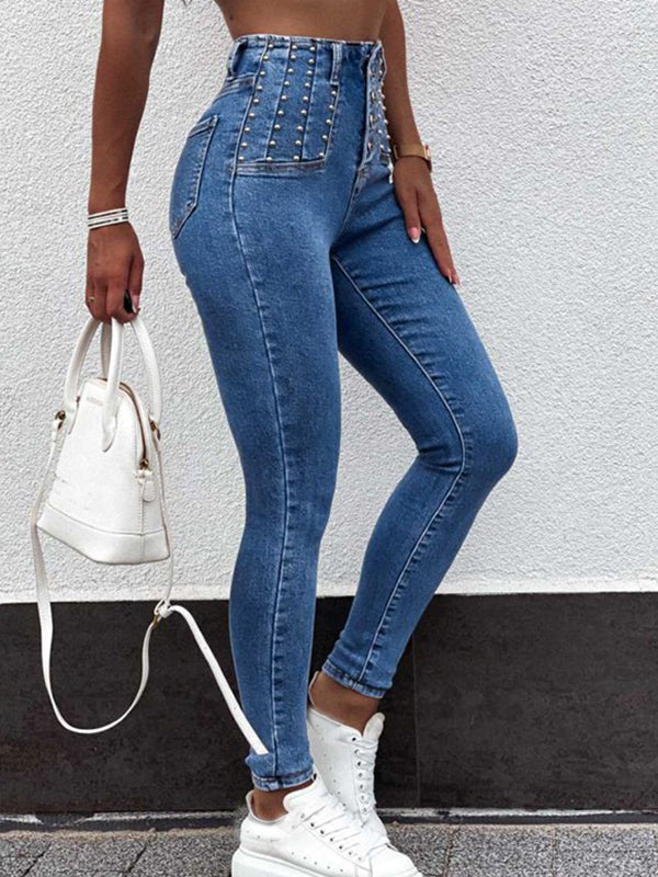 Airchics jeans longue clouté boutonnage slim push up mode bleu femme