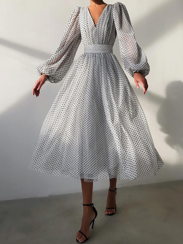 Élégant Robe à Pois V-cou Mi-longue de Soirée avec Manches Bouffantes