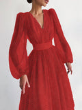 Élégant Robe à Pois V-cou Mi-longue de Soirée avec Manches Bouffantes
