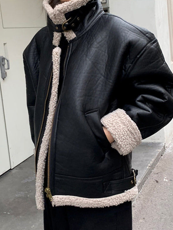 Airchics manteau aviateur en cuir doublé mouton femme perfecto veste noir