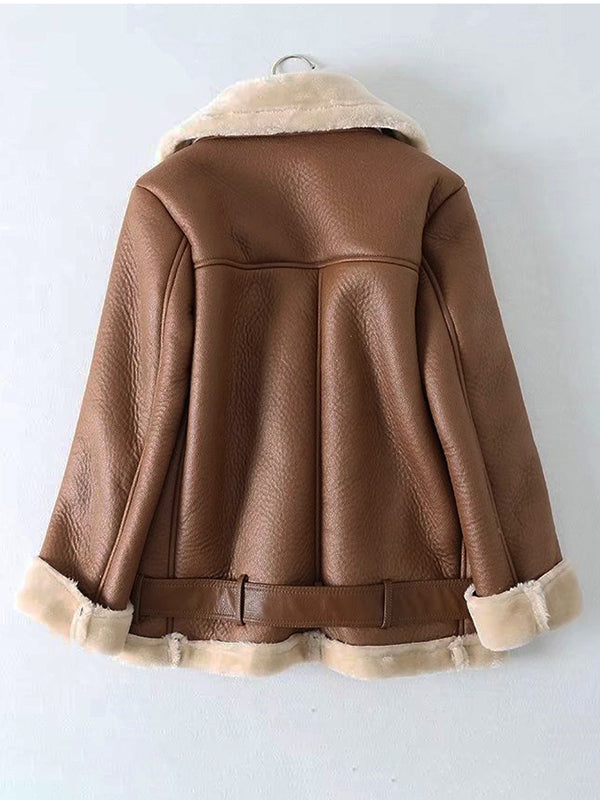 Airchics manteau aviateur en cuir doublé polaire femme perfecto veste marron