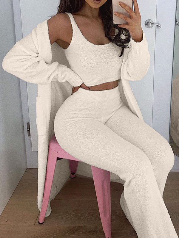 Airchics ensemble de pyjama longue polaire ceinture 3 pièces femme style maison