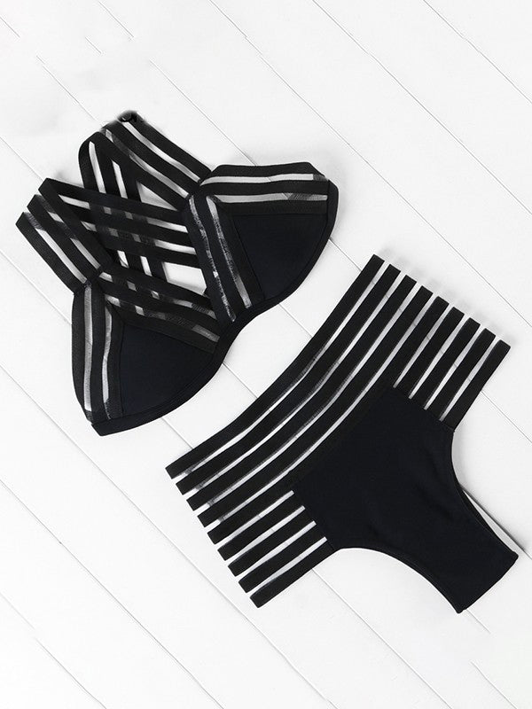 Airchics maillot de bain tulle rayé 2 pièces taille haute femme bikini noir