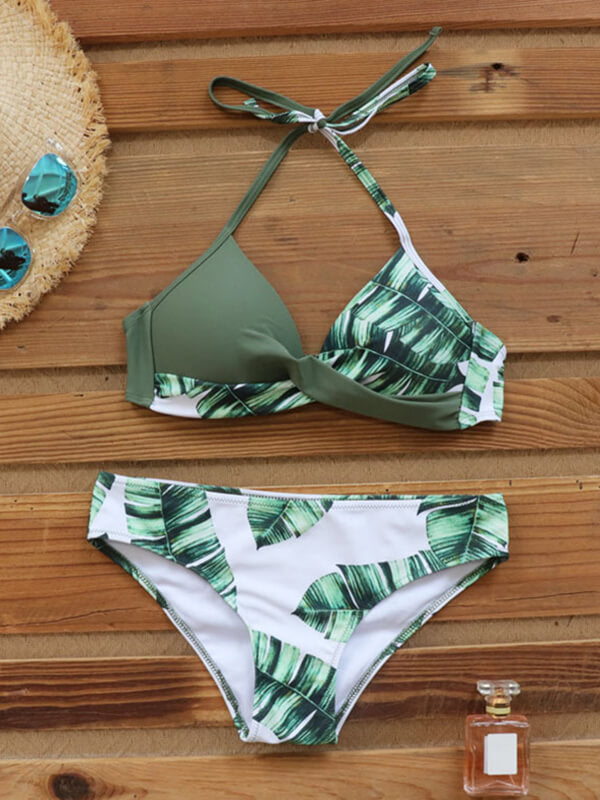 Airchics maillot de bain imprimé feuille 2 pièces dos nu licou femme été bikini vert