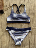 Airchics maillot de bain rayé 2 pièces croisé dos nu push up femme été bikini bleu marine