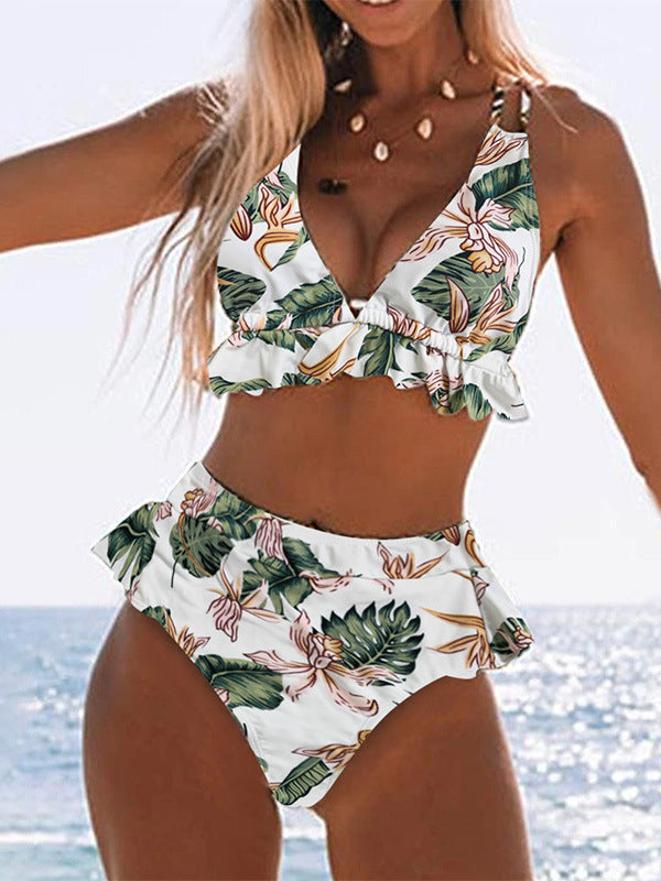 Airchics maillots de bain bikini  imprimé à fleurs à volants dos nu sans manches mode femme vert
